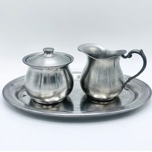 WEB Pewter Creamer Sugar Bowl Serving Tray Set 3 Vintage Rustic Metalware